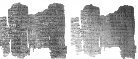Derveni Papyrus fragemnt RTI visualization. Comparison of renderings in visible (left) and IR spectral area (right)