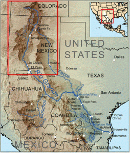Map showing the location of the Rio Grande river and its tributaries. A geological map of the area in the red square is also shown in figure 3 (www.wikipedia.com).