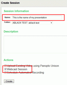 The create session page with a title filled in and webcast session ticked