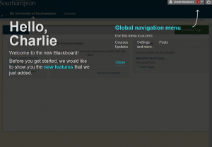Blackboard welcomes you when you first login and shows you how to find the Global Navigation menu.