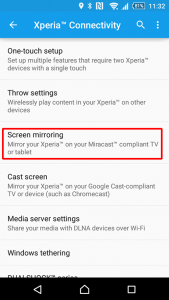 A settings screen for connectivity on Sony Xperia phones. Highlighted is the option that includes Miracast called Screen Mirroring