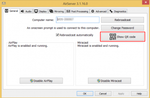 This is the AirServer settings screen. This screen is used to show the QR code needed by AirServer Connect