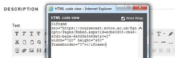 The HTML code view with the code copied from Panopto