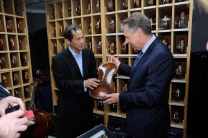 University of Southampton Vice Chancellor Don Nutbeam with Andrea Amati viola 'Henry IV' (1590) and curator Dai-Ting Chung in the vault of the Chi Mei Foundation, Tainan