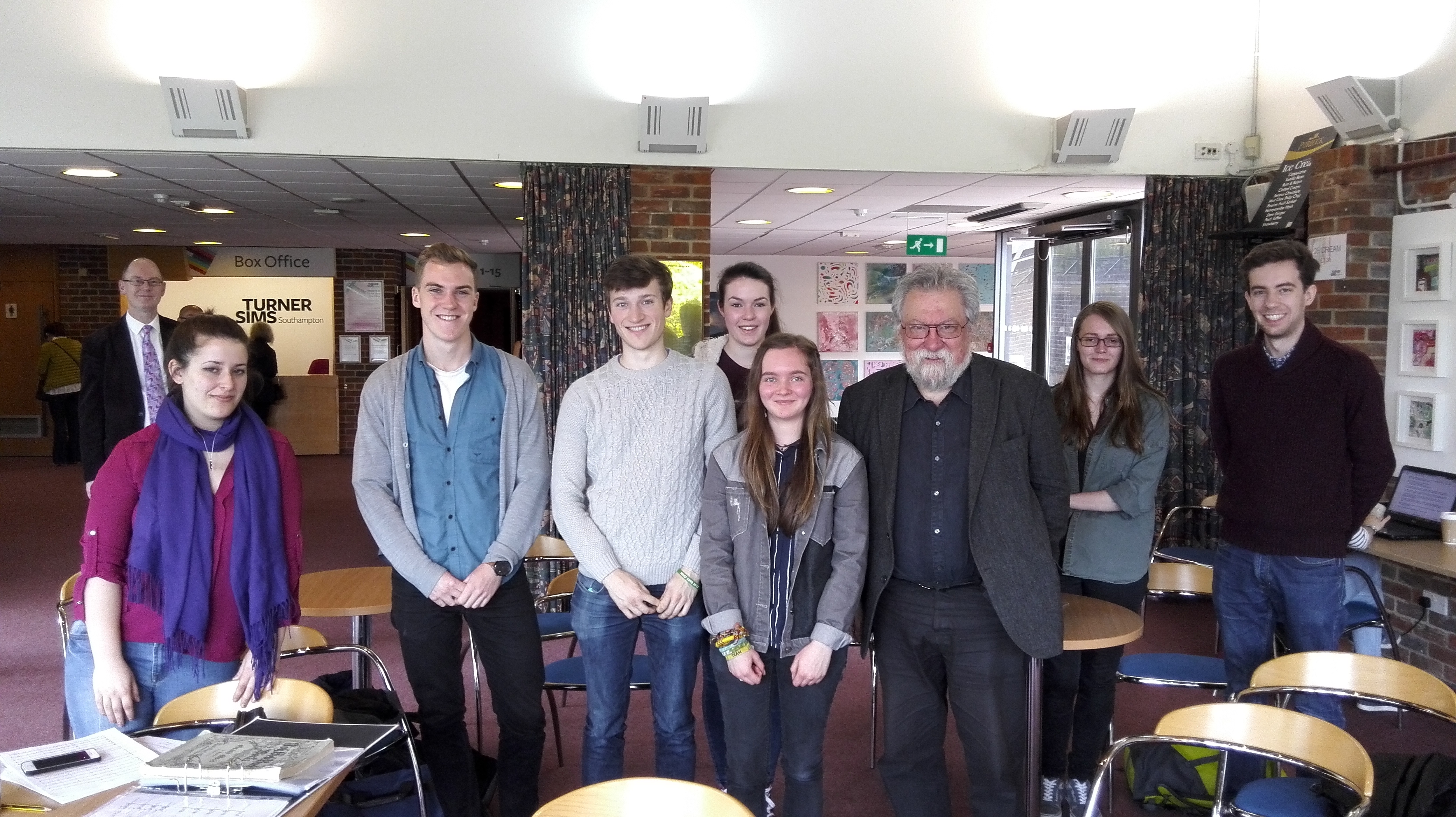 Saxophonist Evan Parker with Music students at the Turner Sims Concert Hall