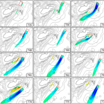 12 small images showing simulated velocity deficit when tidal turbines are installed at different locations around alderney