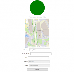 An image of the OpenGather UI. A map, followed by a list of fields, with a submit button below.