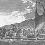 Hawaiian navigators sailing multi-hulled canoe, ca 1781. John Webber, artist aboard Cook's ship. Source: Scanned from page 20 of the following book: Grant, Glenn (2004) Hawai`i Looking Back: An illustrated History of the Islands, Mutual Publishing, pp. 454pp. Modified by Wikipedia user: Makthorpe.  Public Domain image.  