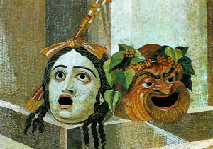 Theatrical masks of Tragedy and Comedy. Mosaic, Roman artwork, 2nd century CE. Capitoline Museum. From the Baths of Decius on the Aventine Hill, Rome.Wikipedia user: Tsujigiri	Public Domain image.  