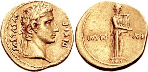 Augustus. 27 BC-AD 14. AV Aureus (7.83 g, 6h). Lugdunum (Lyon) mint. 2nd emission, 10 BC. From CNG. Classical Numismatic Group, Inc. http://www.cngcoins.com. Wikipedia user: Carlomorino.  CC-BY-SA-3.0.	