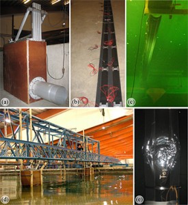 Fig. 3 - Impressions of the tests at the DHI: (a) box with bulge wave actuator on top and a cylinder with a moving piston inside, (b) tube with strain gauges to measure the bulge wave features, (c) view from the wave basin bottom to tube in test position, (d) wave basin with the boxes fixed on one bridge and the wave gauges on a parallel, movable bridge and (e) artificially generated bulge wave entering the tube and displacing the surrounding water volume.
