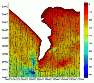 Fig. 2 - Part of a finite element mesh used for modelling tidal flows around Portland Bill, with sea bed elevations in metres above chart datum (scale on right). Co-ordinates are OSGB National Grid.