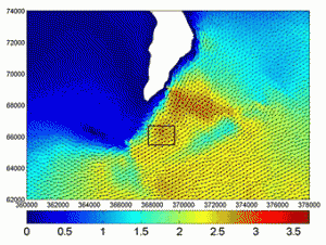 Fig. 3 - Tidal flows around Portland Bill headland. Colour scale is in m/s and vectors show direction and relative magnitude of the velocity field. Rectangle shows the approximate area with highest average flow speed (actually highest mean cube speed).