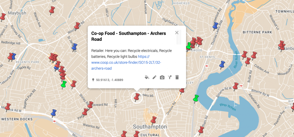 screenshot of google map of southampton recycling points